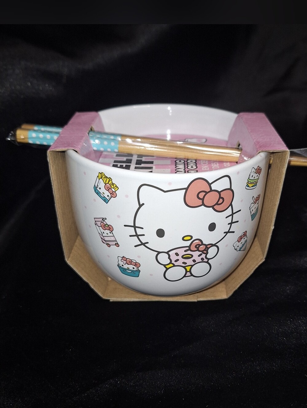 Sanrio Hello Kitty Ceramic Bowl with Pink Bow and Blue Chopsticks